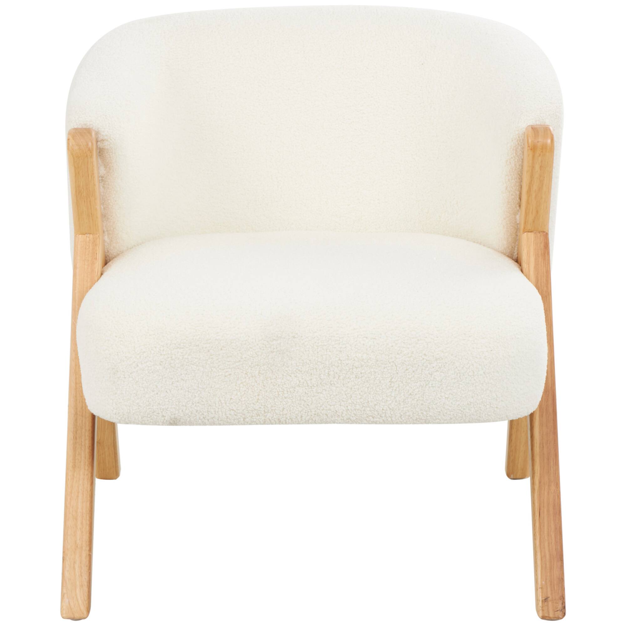 White Polyester Rounded Boucle Accent Chair with Angled Wooden Legs